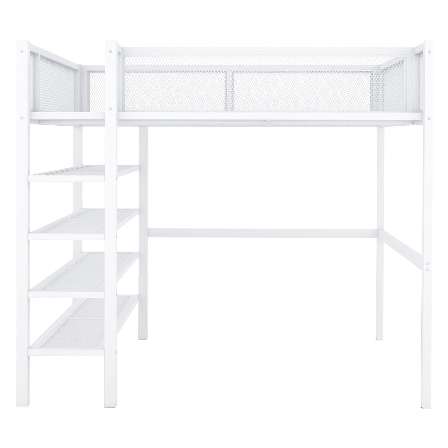 Full Size Loft Bed With 4 Tier Shelves And Storage - White