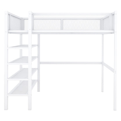 Full Size Loft Bed With 4 Tier Shelves And Storage - White