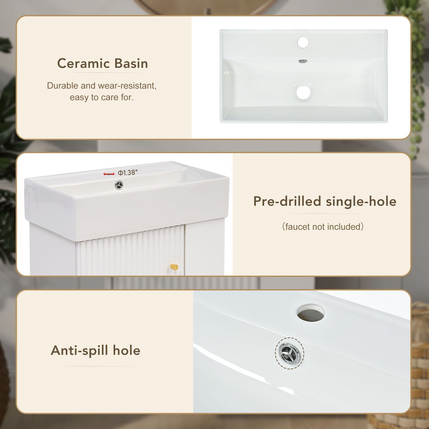 Modern Floating Bathroom Vanity With Ceramic Basin Perfect For Small Bathrooms, Right Side Storage - White