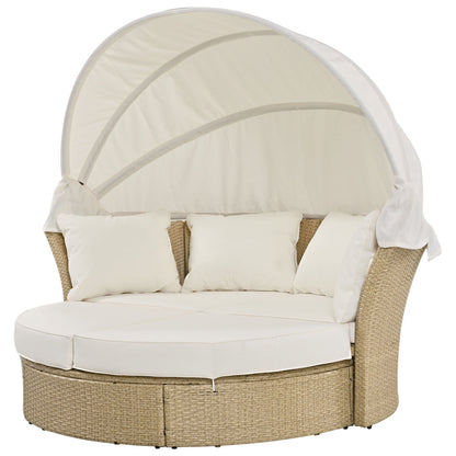 Outdoor Patio Daybed Wicker Rattan Double Daybed Round Sofa Furniture Set With Retractable Canopy, 4 Pillows For Lawn Garden Backyard Porch Pool - Beige