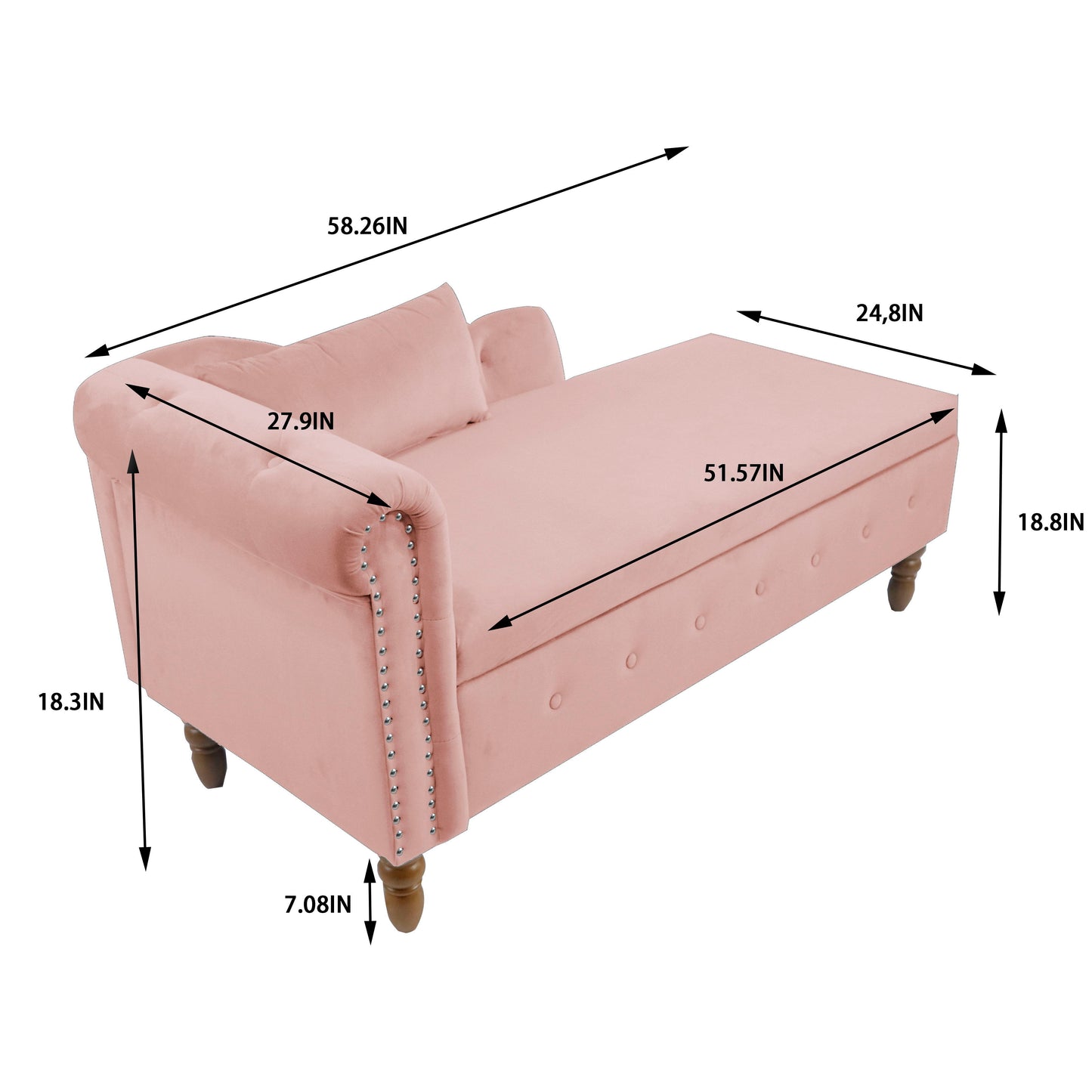 Chaise Lounge Indoor, Velvet Lounge Chair For Bedroom With Storage & Pillow, Modern Upholstered Rolled Arm Chase Lounge For Sleeping With Nailhead Trim For Living Room Bedroom Office - Pink