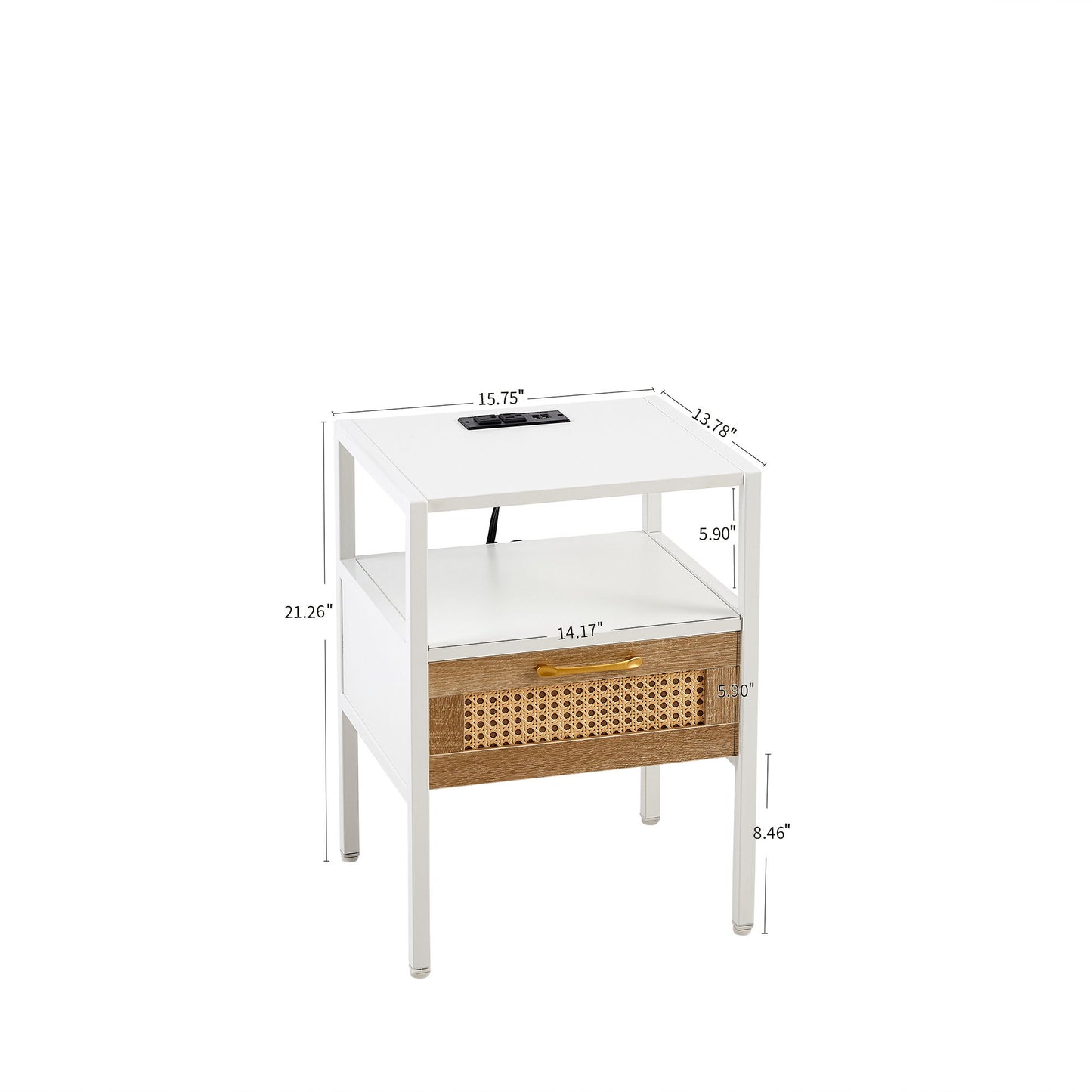 Rattan End Table With Power Outlet & USB Ports, Modern Nightstand With Drawer And Metal Legs, Side Table For Living Room, Bedroom (Set of 2) - White