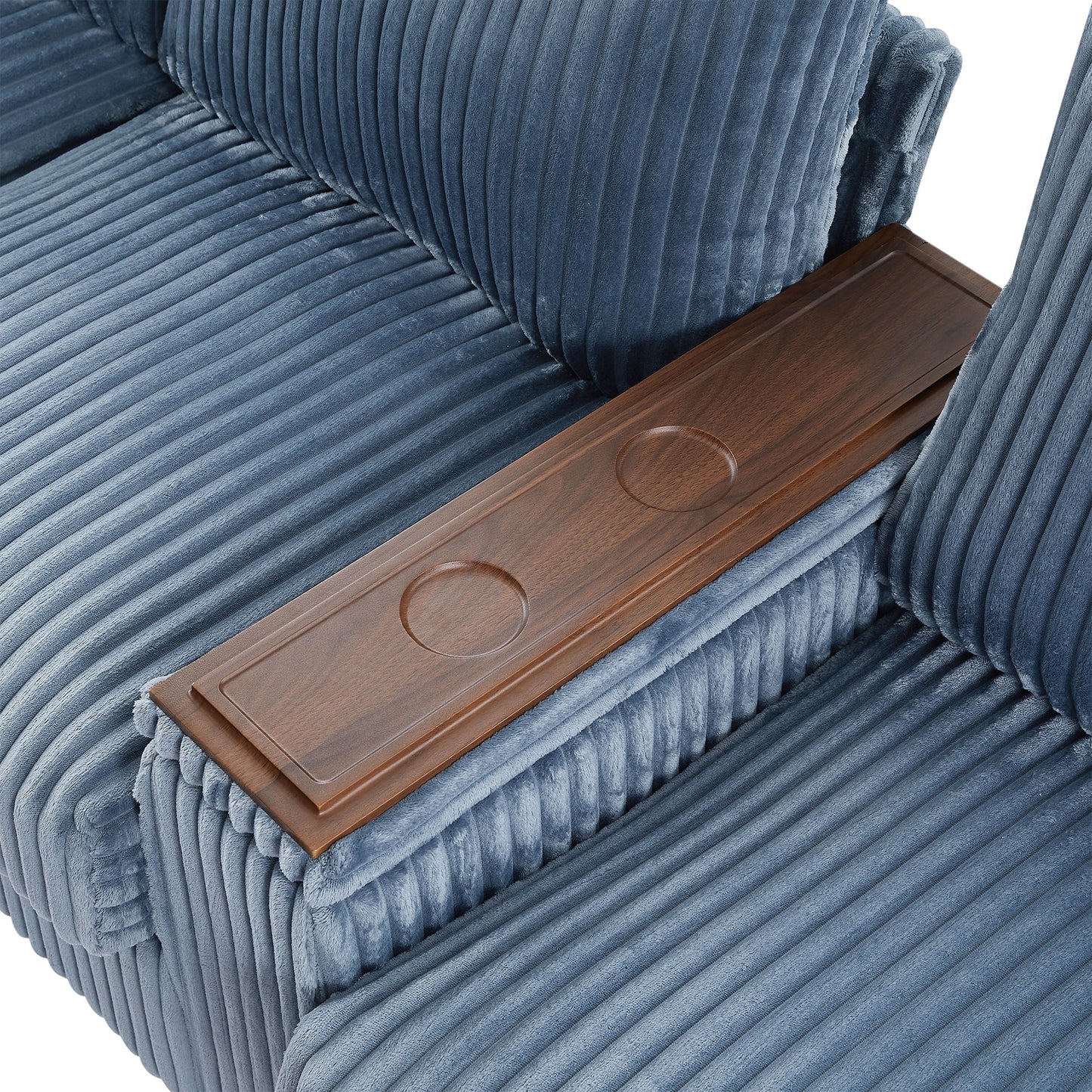 Modern 4 Seater Corduroy Sofa Couch With USB Ports, Hidden Storage, Flip Top Cup Holders - Blue