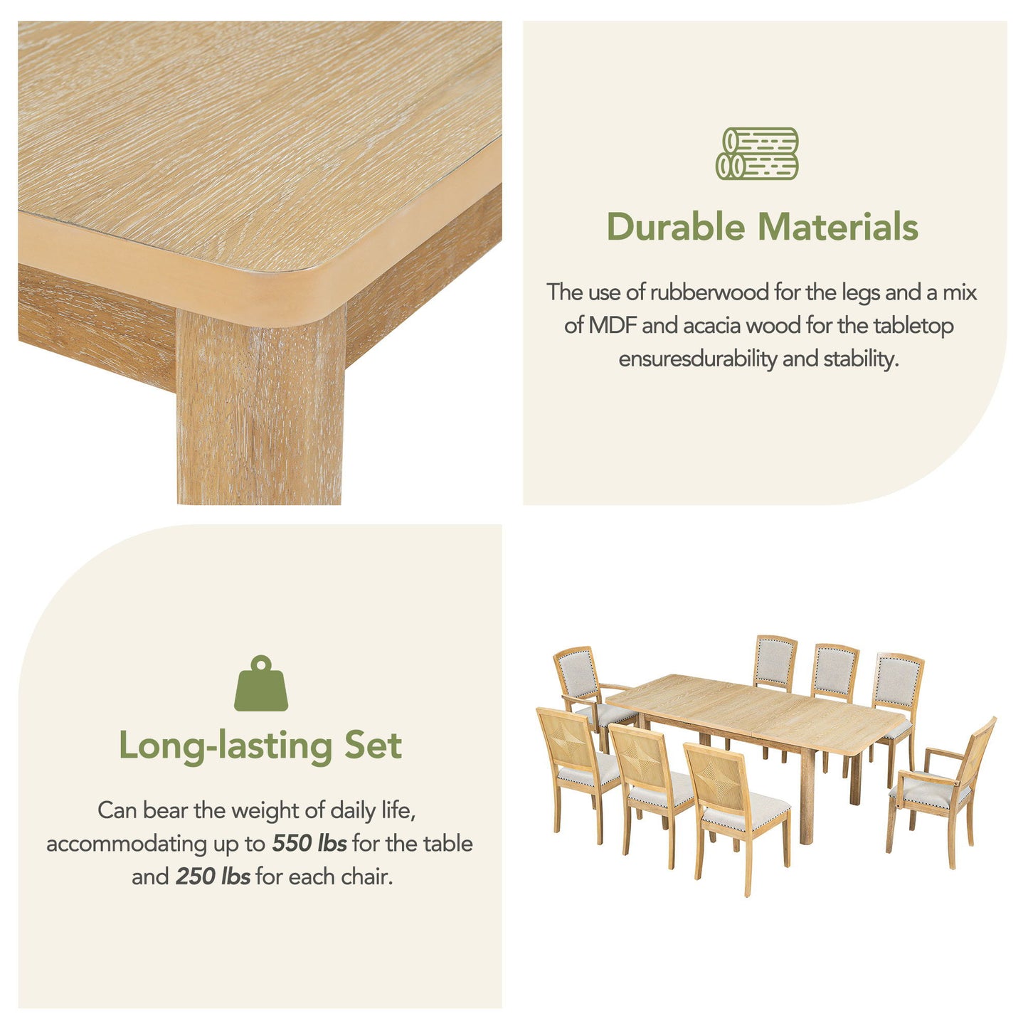 Topmax - Rustic Extendable Dining Table Set With Removable Leaf, 6 Upholstered Armless Dining Chairs And 2 Padded Arm Chairs, 9 Pieces - Natural