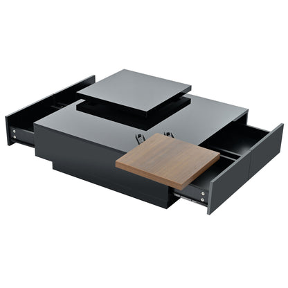 Movable Top Coffee Table, Modern Square Wood Coffee Table With High Gloss Finish, 4 Hidden Storage Drawers For Living Room - Black