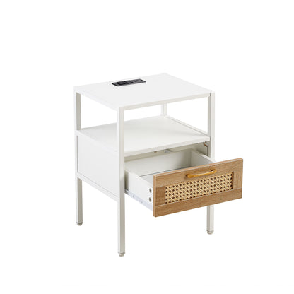 Rattan End Table With Power Outlet & USB Ports, Modern Nightstand With Drawer And Metal Legs, Side Table For Living Room, Bedroom (Set of 2) - White