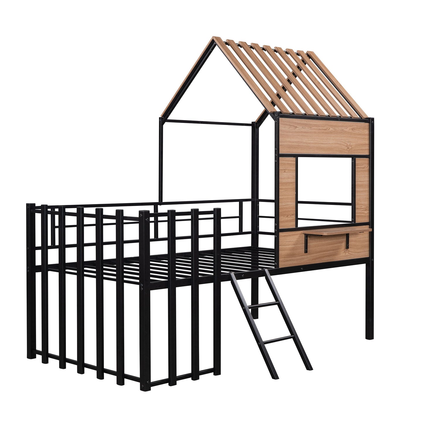 Twin Size Loft Bed With Roof, Window, Guardrail, Ladder - Black