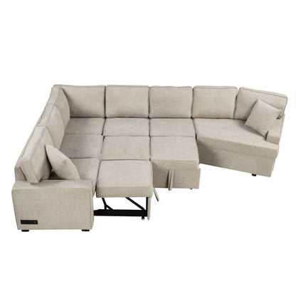 L-Shaped Sofa Sectional Sofa Couch Pull-Out Sofa Bed With Charging Devices And Cup Holders For Living Room - Beige