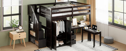 Full Size Loft Bed With Stairs, Bookshelf, Drawers, Desk & Wardrobe, Space Saving Multifunctional Furniture - Espresso