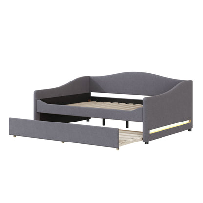 Full Size Upholstered Daybed With Light And Trundle - Gray