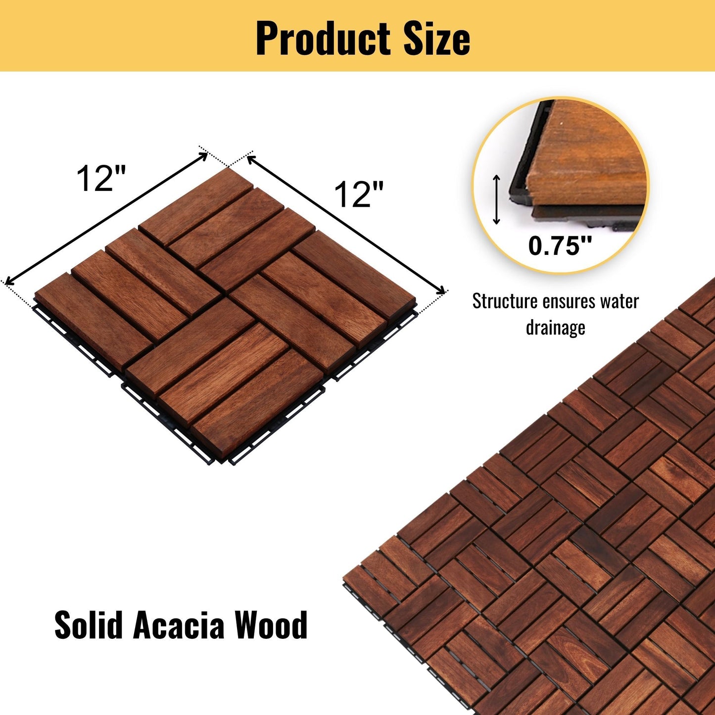 Acacia Wood Interlocking Deck Tiles Checker Pattern, 10 Piece Square Acacia Hardwood Outdoor Flooring For Patio, Bancony, Pool Side - Brown