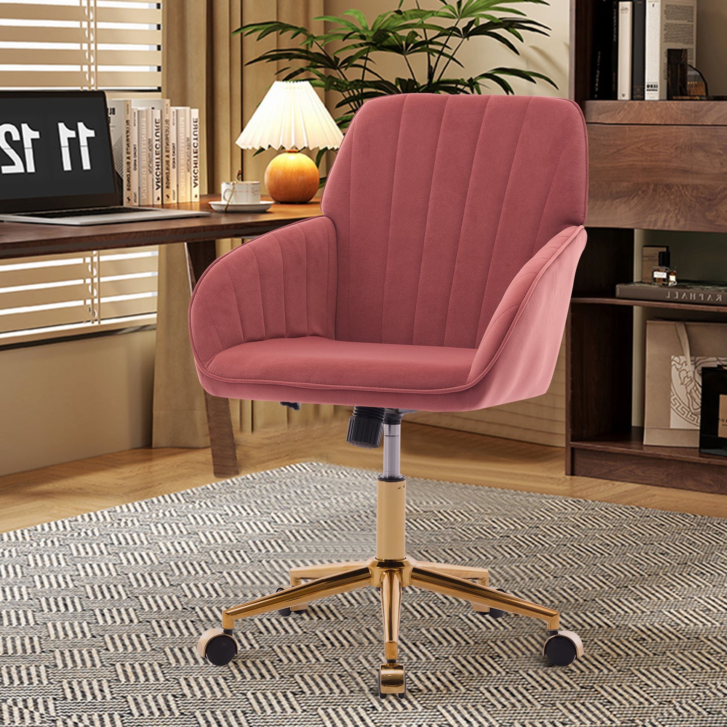 Ergonomic Swivel Office Chair, Comfortable Velvet Backrest Seat, Adjustable For Home And Bedroom - Rose Red