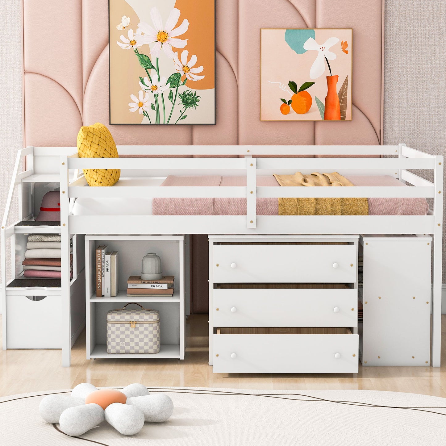 Full Size Loft Bed With Retractable Writing Desk And 3 Drawers With Storage Stairs And Shelves - White