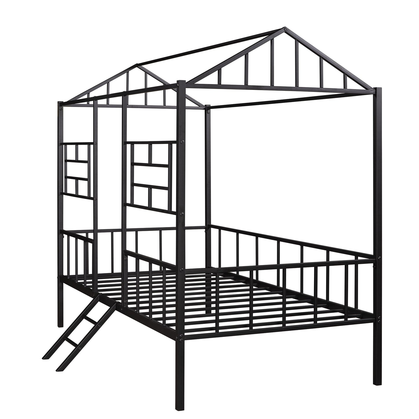 House Bed Frame Twin Size With Slatted Support No Box Spring Needed - Black