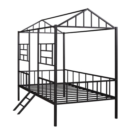 House Bed Frame Twin Size With Slatted Support No Box Spring Needed - Black
