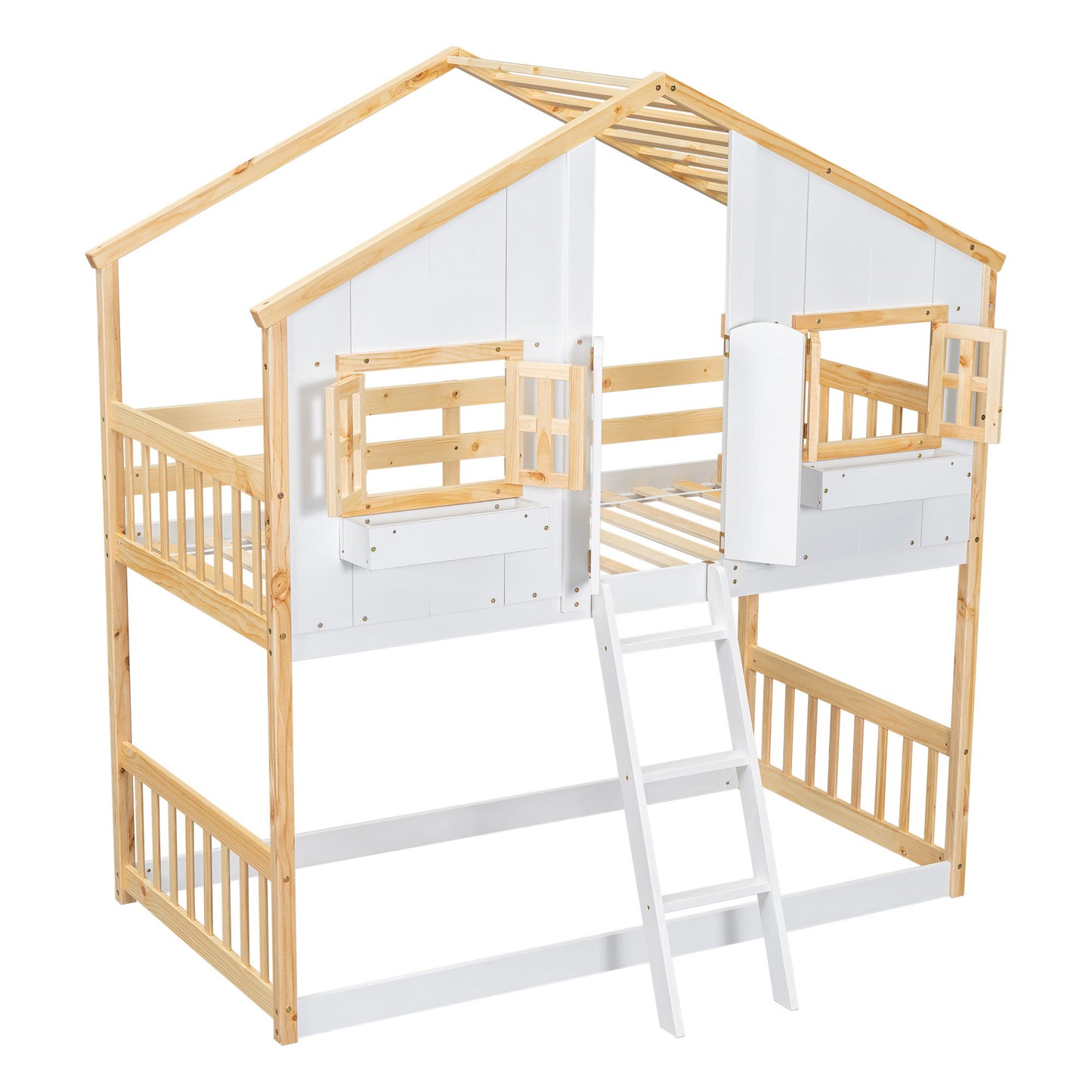 Twin Over Twin House Bunk Bed With Roof, Window, Window Box, Door, With Safety Guardrails And Ladder - Natural / White