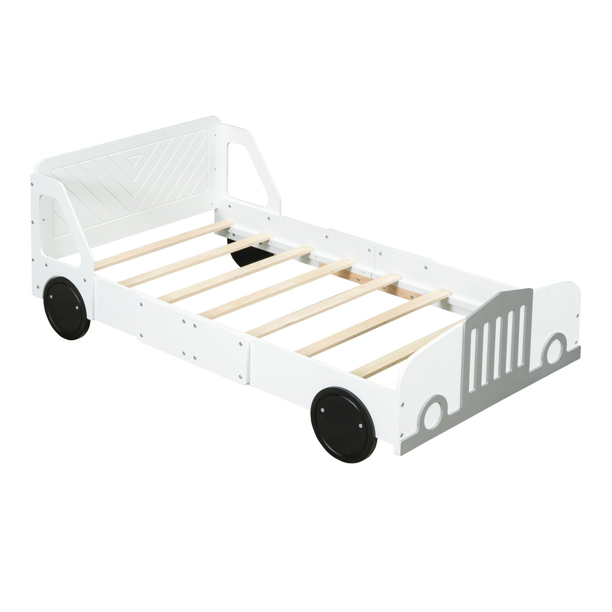 Twin Size Car Shaped Platform Bed With Wheels - White