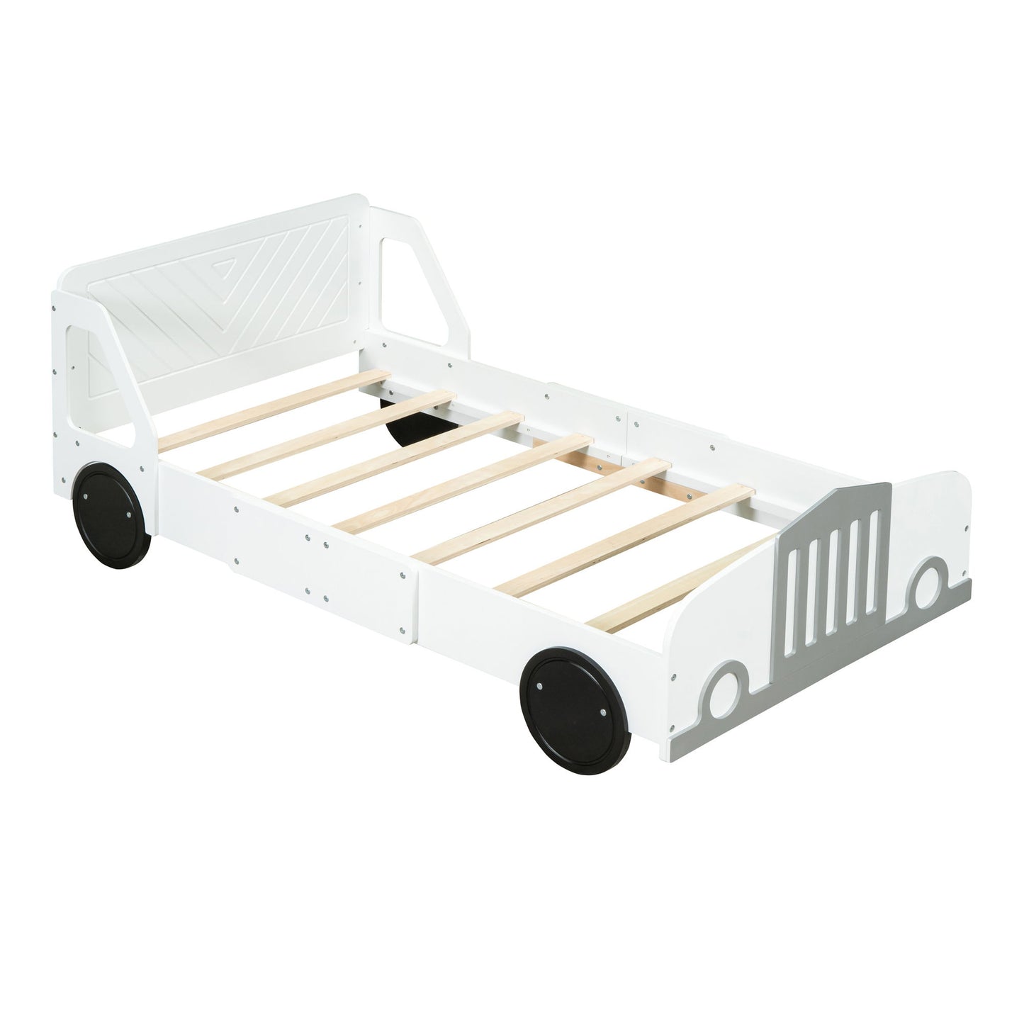 Twin Size Car Shaped Platform Bed With Wheels - White