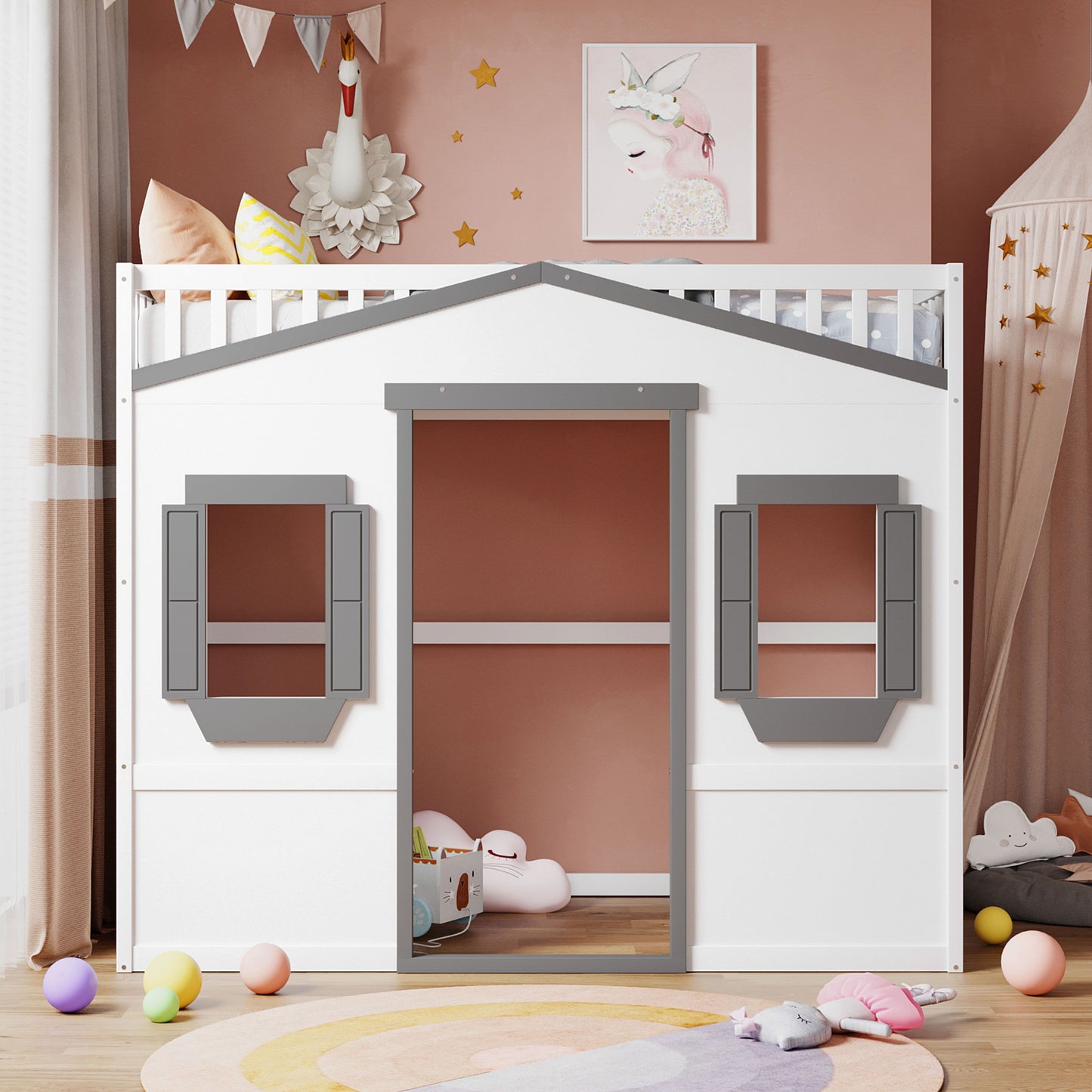 Twin Size House Loft Bed With Ladder - White / Gray