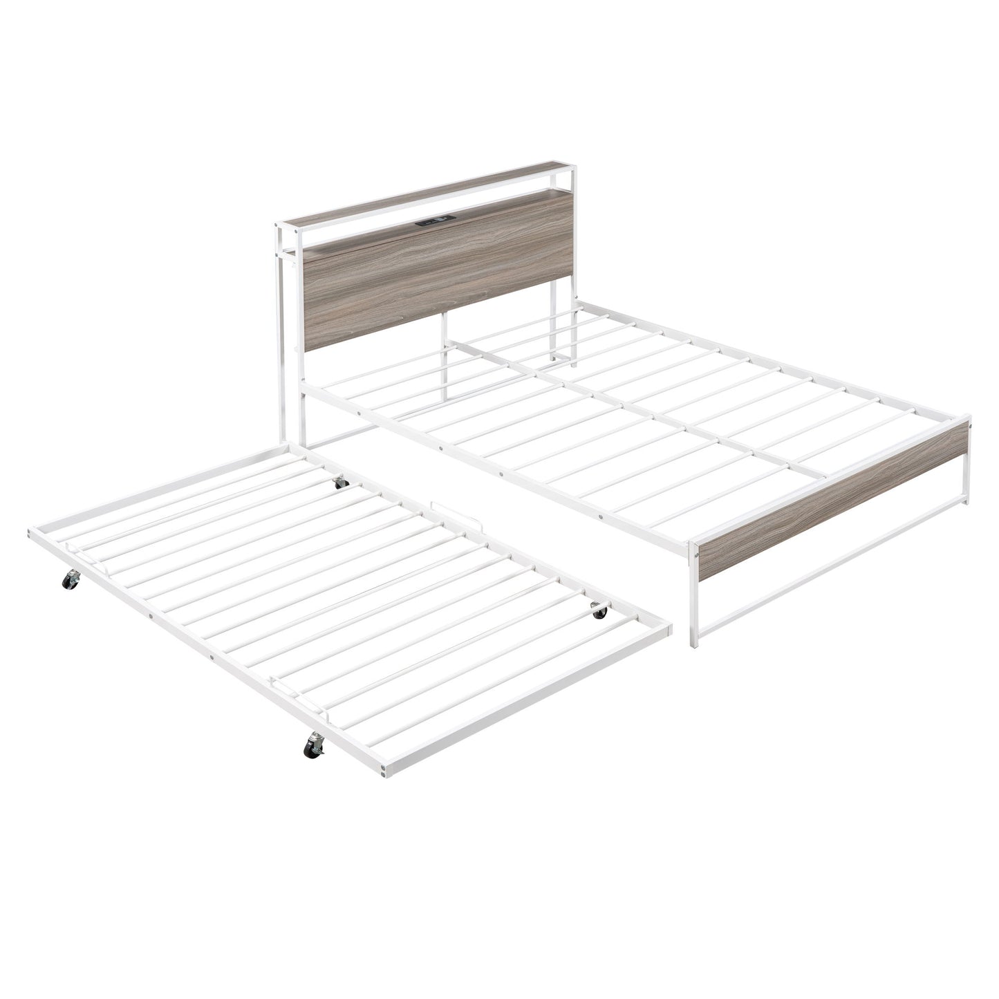 Full Size Platform Bed Frame With Trundle, USB Ports And Slat Support, No Box Spring Needed - White