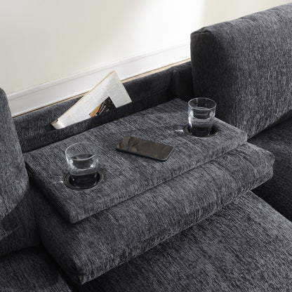 Sectional With Bluetooth Speaker Comfy Cloud Couch Set With Drop Down Table Cup Holders, USB Charger Storage Armrest Wide Seat Sofa - Dark Gray