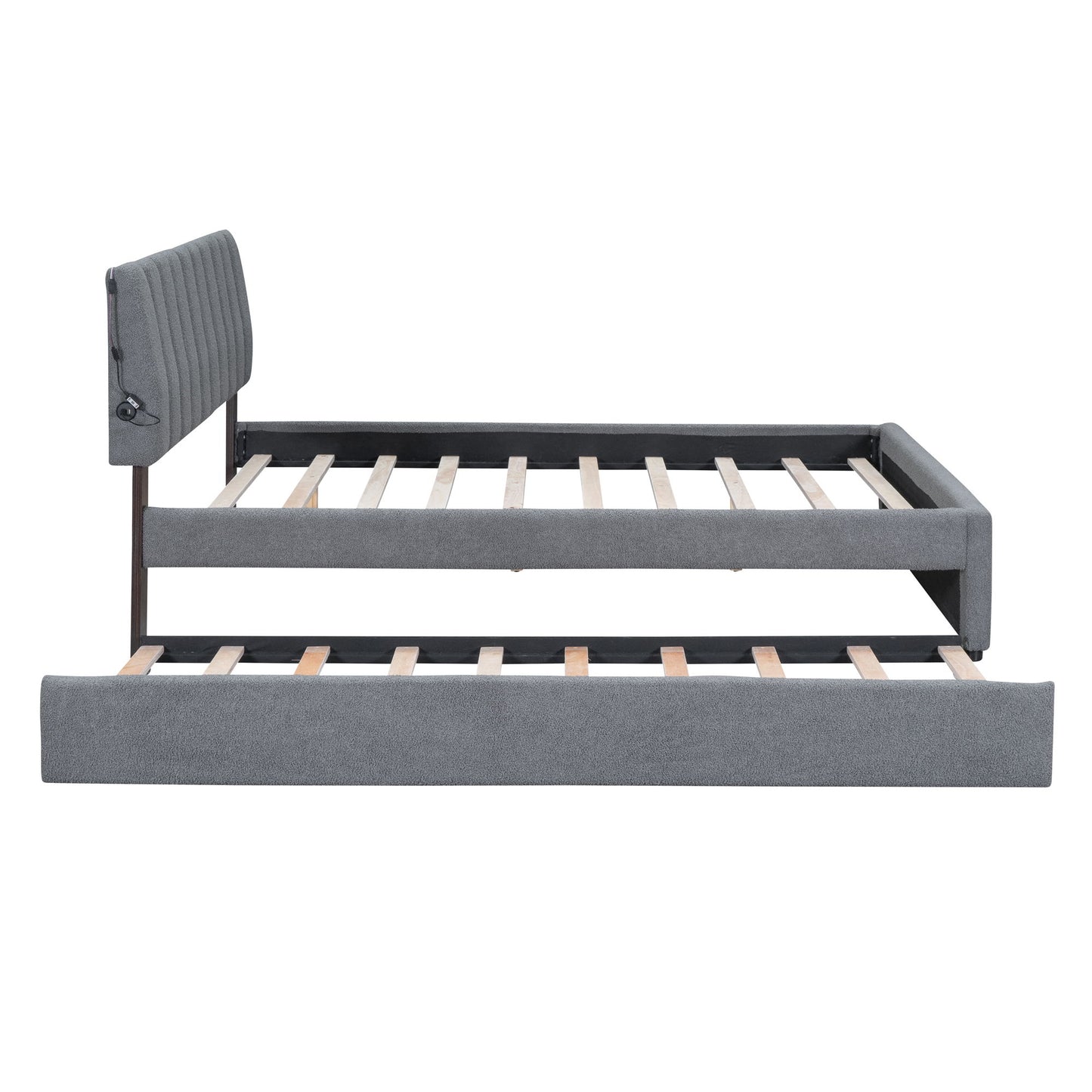 Queen Size Upholstered Platform Bed With Twin Long Trundle - Gray