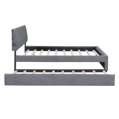 Queen Size Upholstered Platform Bed With Twin Long Trundle - Gray