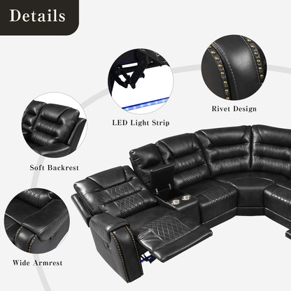 Manual Reclining Sectional Sofa Set L Shaped Symmetrical Motion Sofa Corner Couch Sets With Storage Boxes, 4 Cup Holders And LED Light Strip For Living Room - Black
