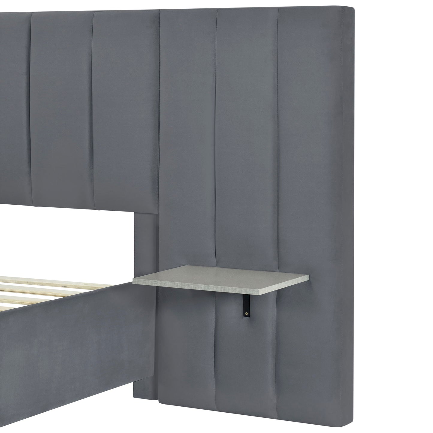 Queen Size Upholstered Platform Bed With Big Headboard - Gray