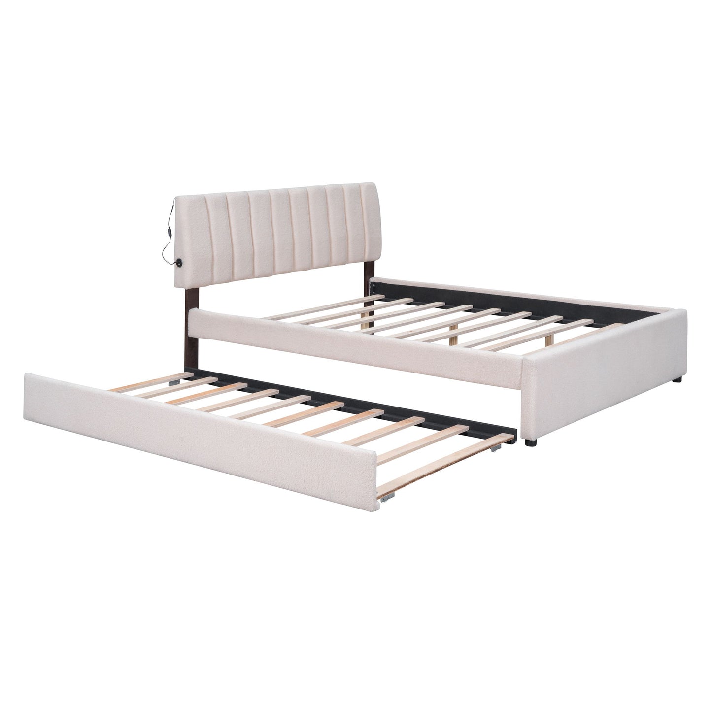 Queen Size Upholstered Platform Bed With Twin Long Trundle - Beige