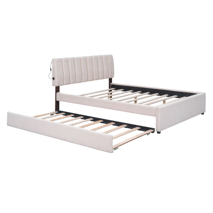 Queen Size Upholstered Platform Bed With Twin Long Trundle - Beige
