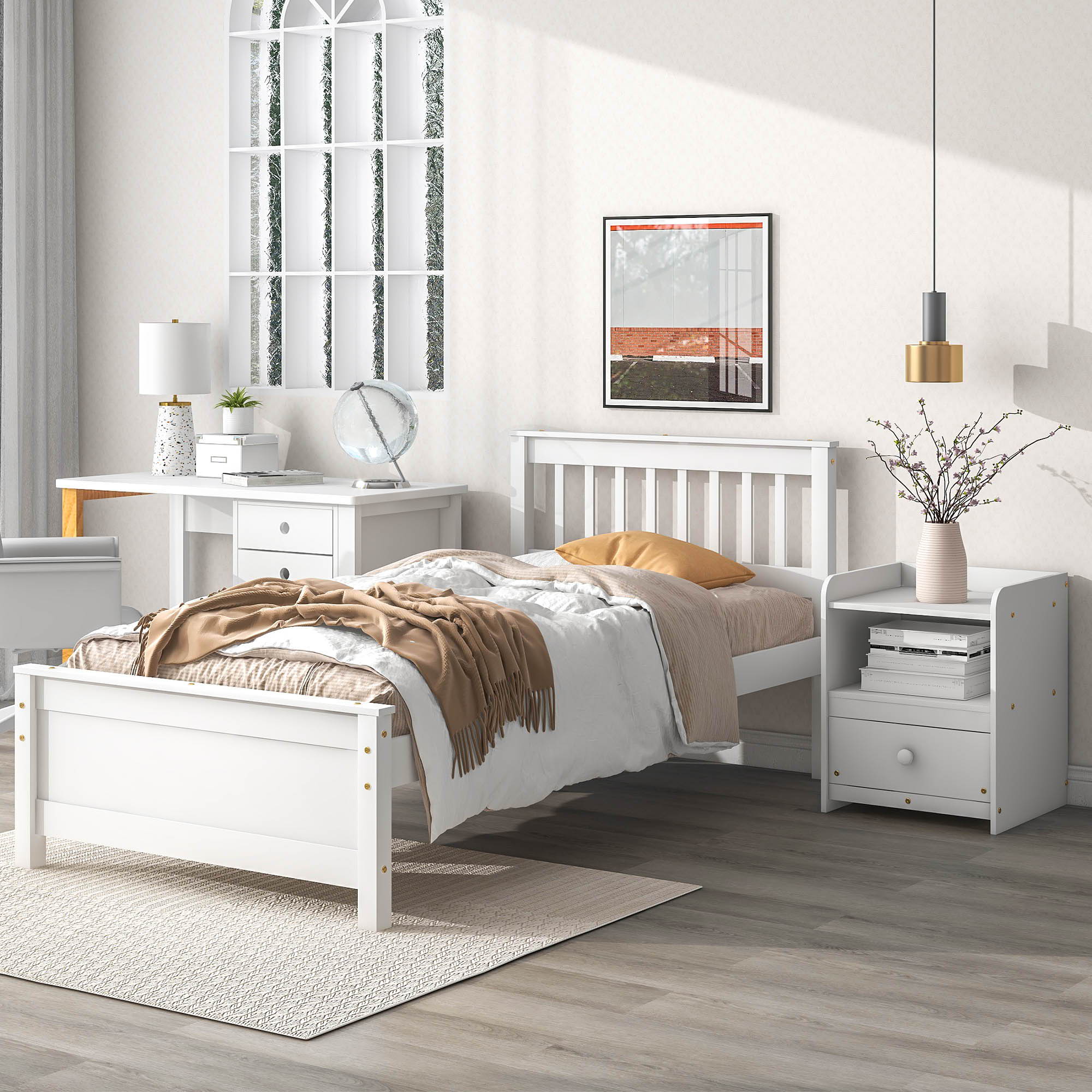 Twin Bed With Headboard And Footboard For Kids, Teens, Adults, With A Nightstand - White