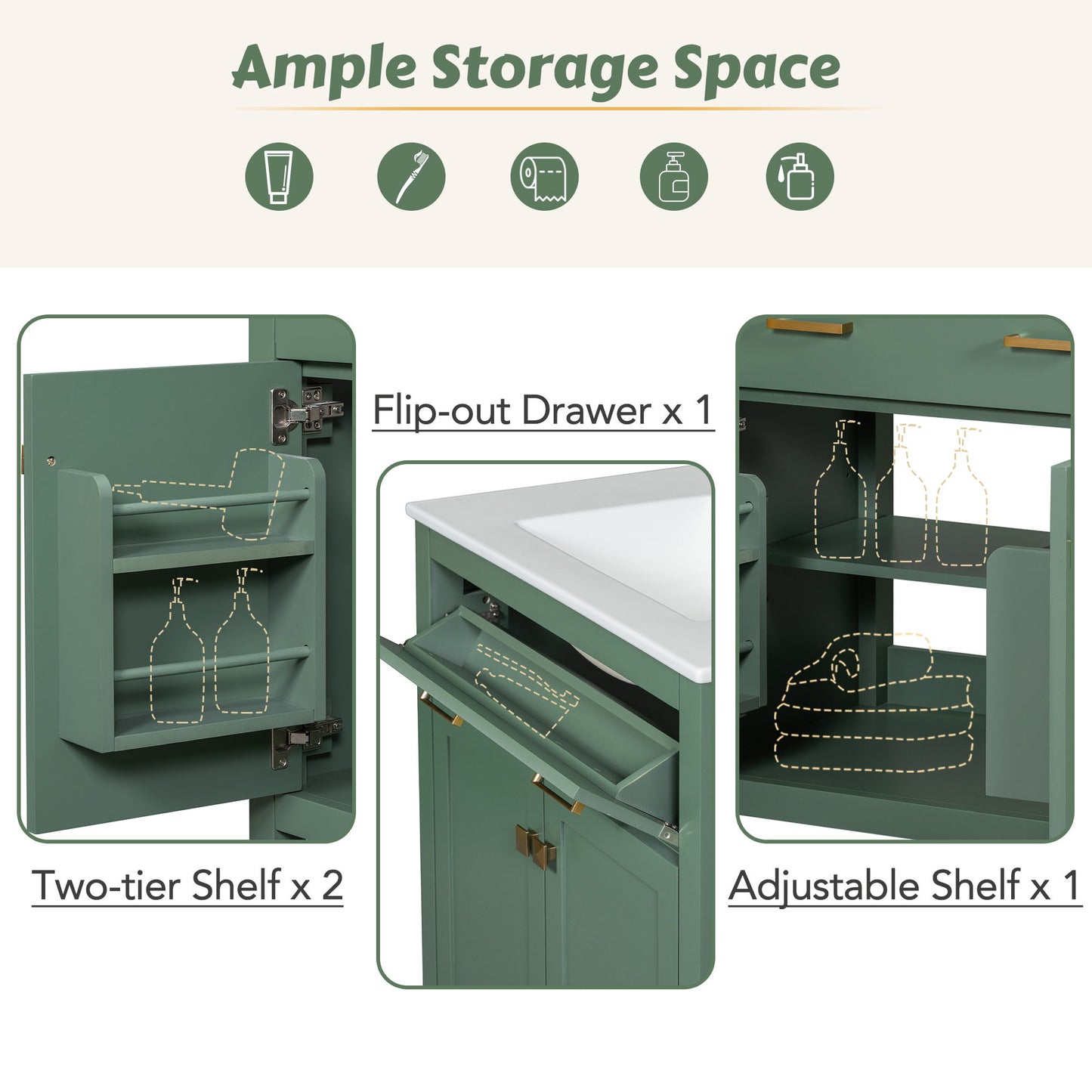 Bathroom Vanity With Ceramic Sink, Modern Single Bathroom Cabinet With 2 Doors And A Shelf, Soft Close Doors - Green