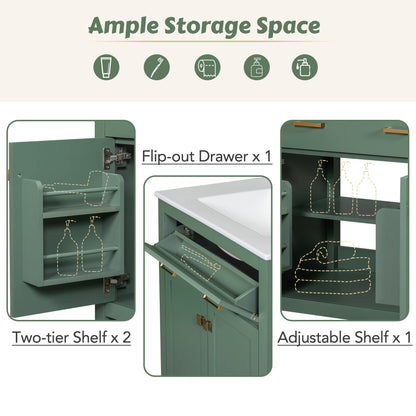 Bathroom Vanity With Ceramic Sink, Modern Single Bathroom Cabinet With 2 Doors And A Shelf, Soft Close Doors - Green