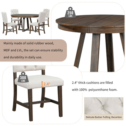 5 Piece Retro Functional Dining Set, Round Table With Leaf And 4 Upholstered Chairs For Dining Room And Living Room - Walnut