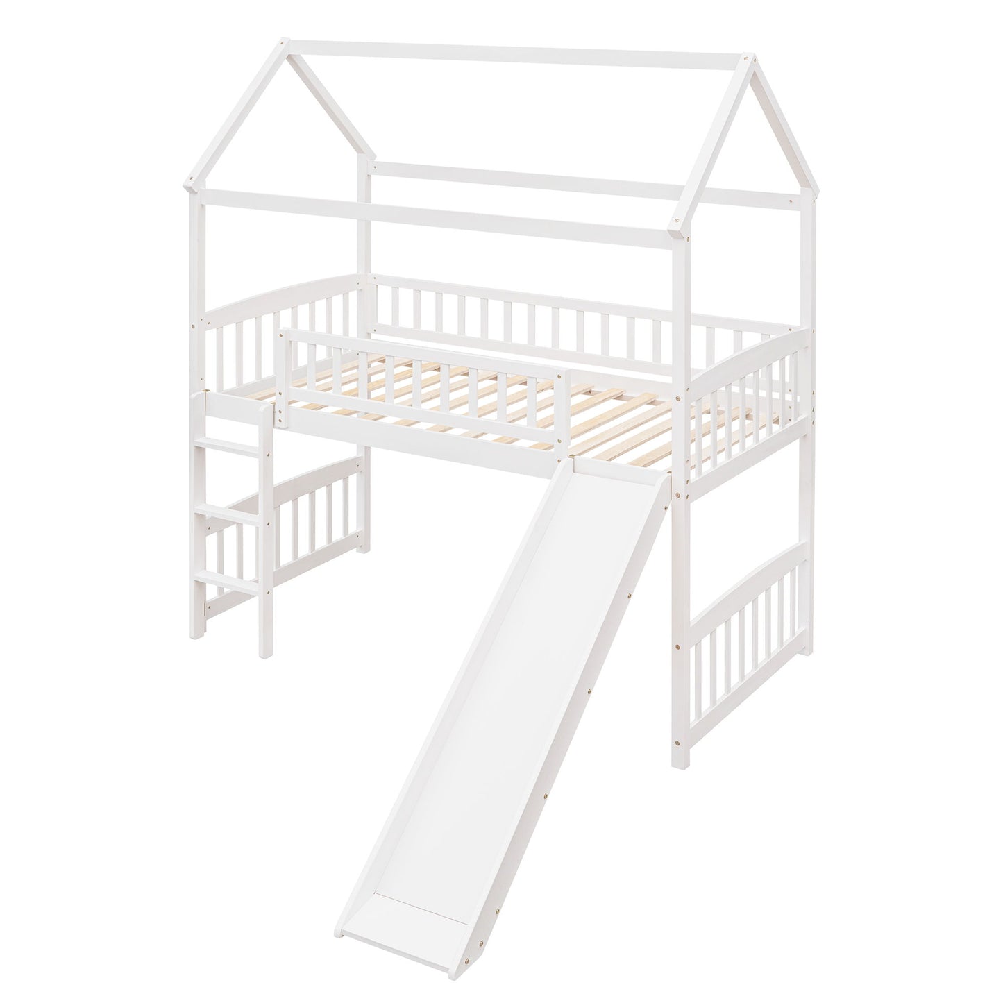 Twin House Loft Bed With Slide - White