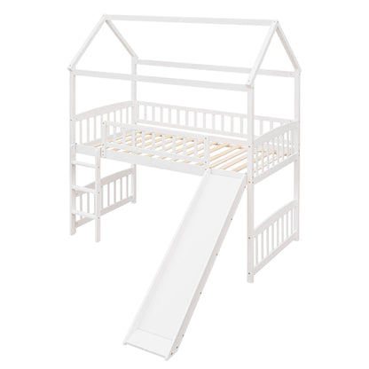 Twin House Loft Bed With Slide - White