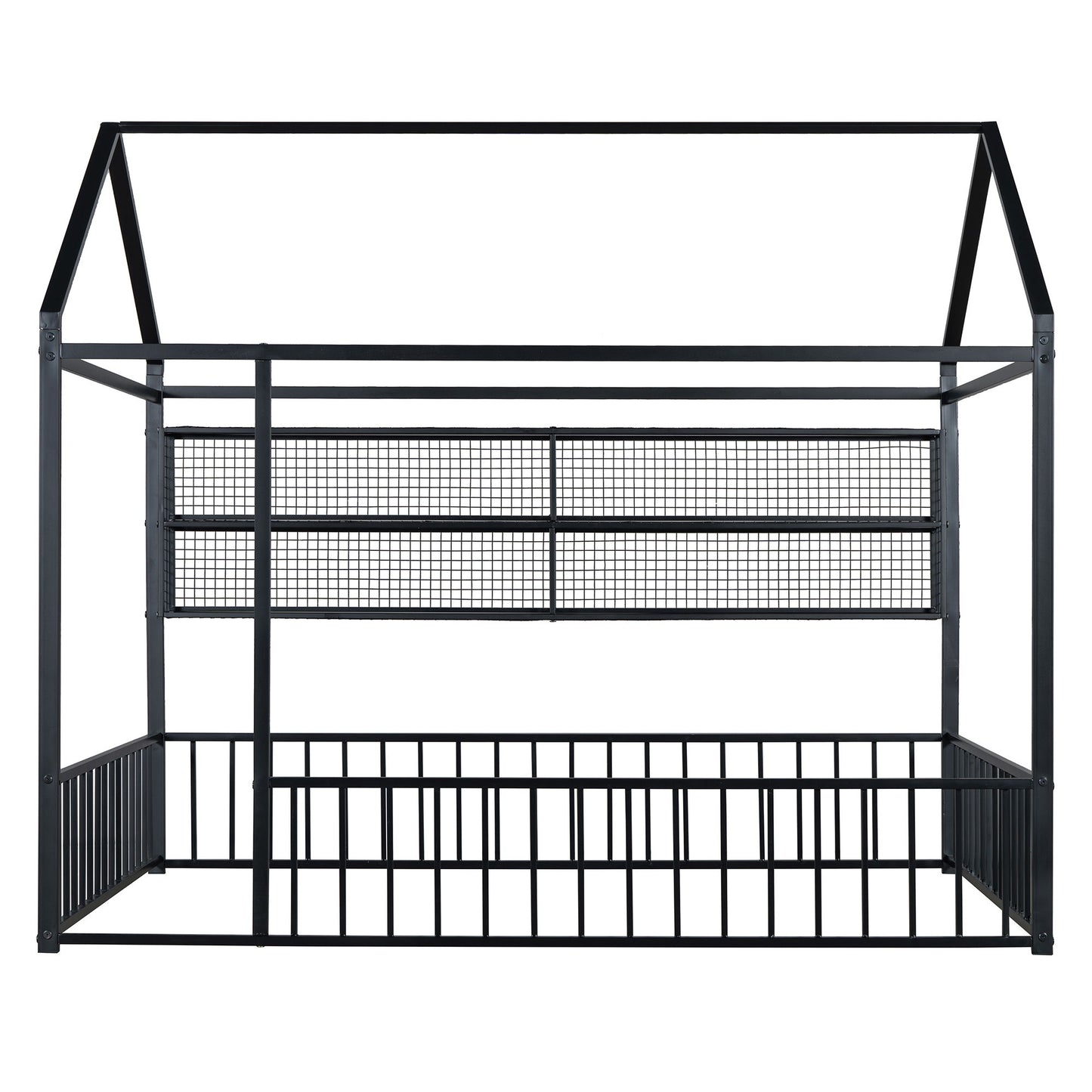 Full Size Bed House Frame With Fence And Shelves - Black
