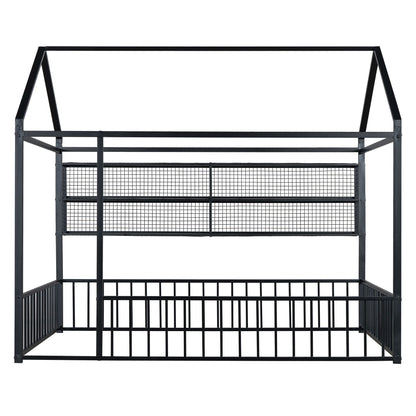 Full Size Bed House Frame With Fence And Shelves - Black