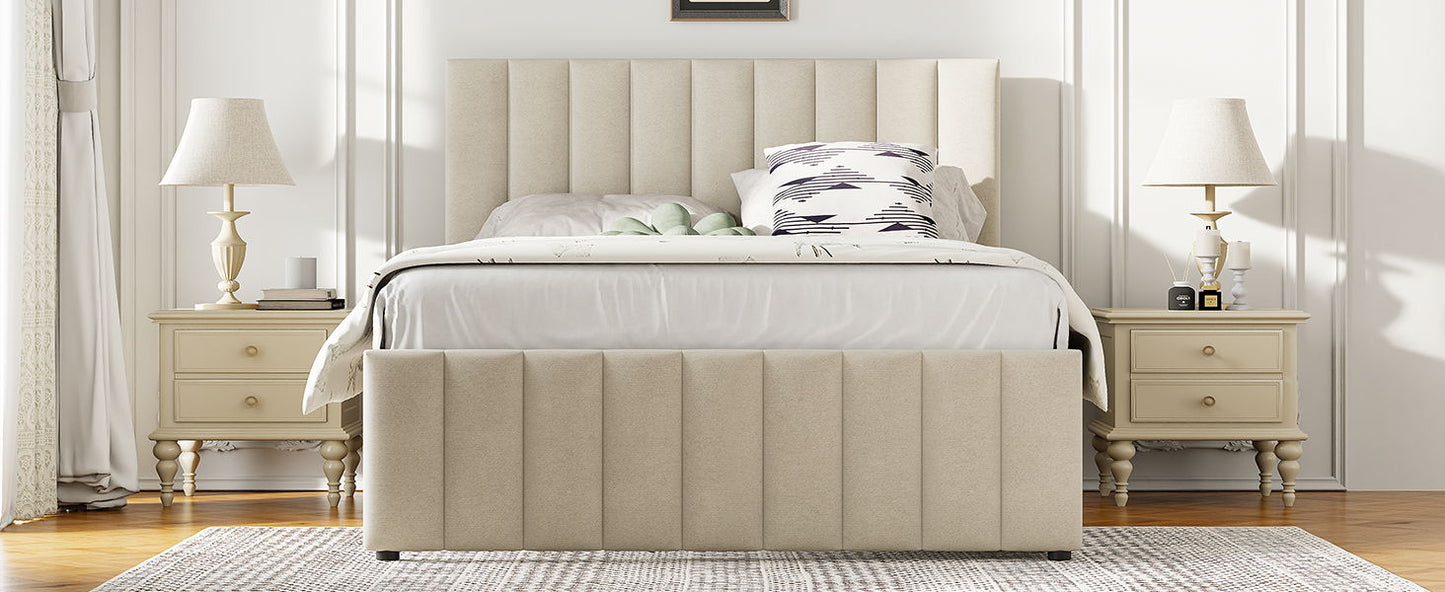 Full Size Upholstered Platform Bed With Twin Size Trundle And 3 Drawers - Beige