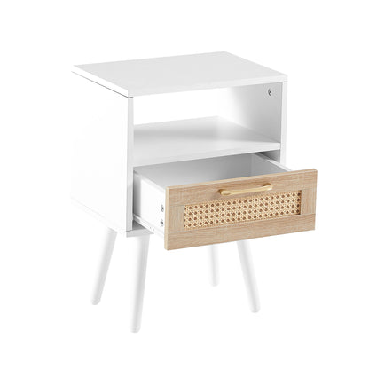 15.75" Rattan End Table With Drawer And Solid Wood Legs, Modern Nightstand, Side Table For Living Room, Bedroom - White