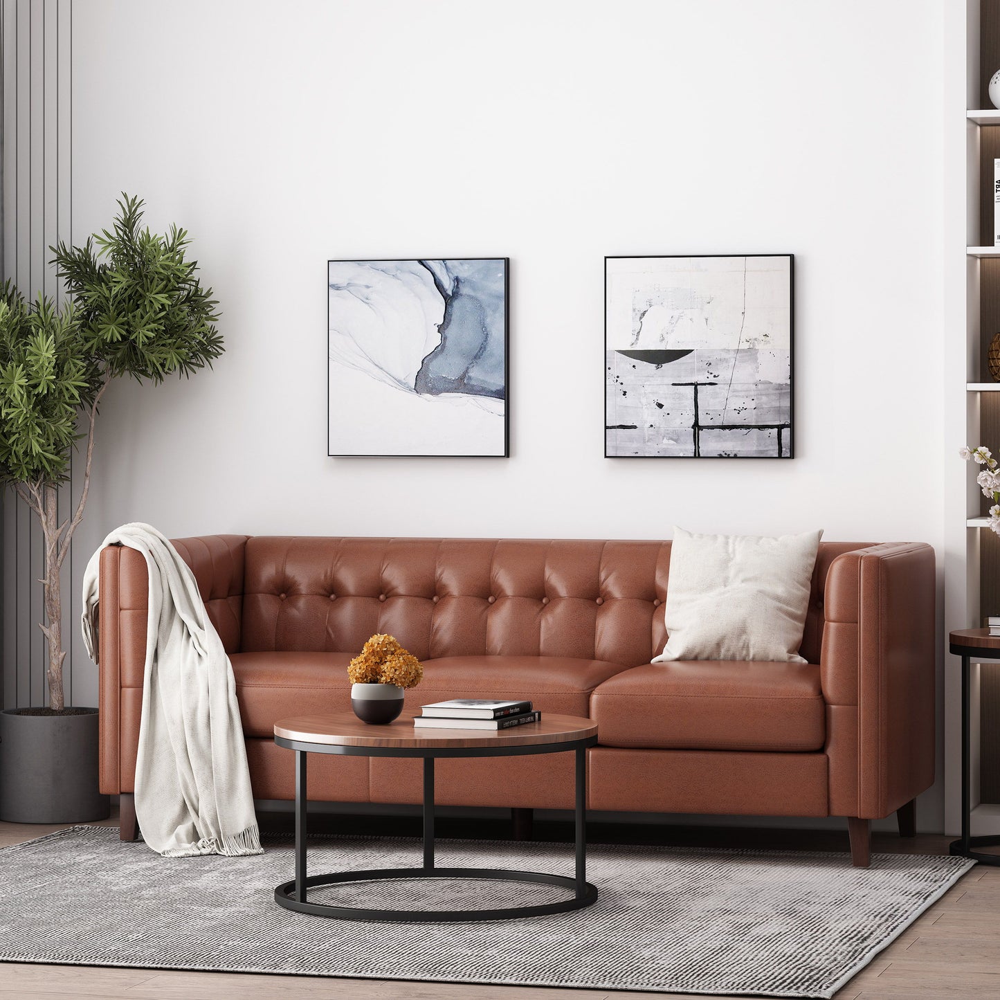 Comfy 3 Seat Sofa With Tufted Back, Modern For Living Room - Light Brown