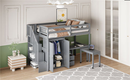 Twin Size Loft Bed With Stairs, Bookshelf, Drawers, Desk & Wardrobe, Space Saving Multifunctional Furniture - Gray