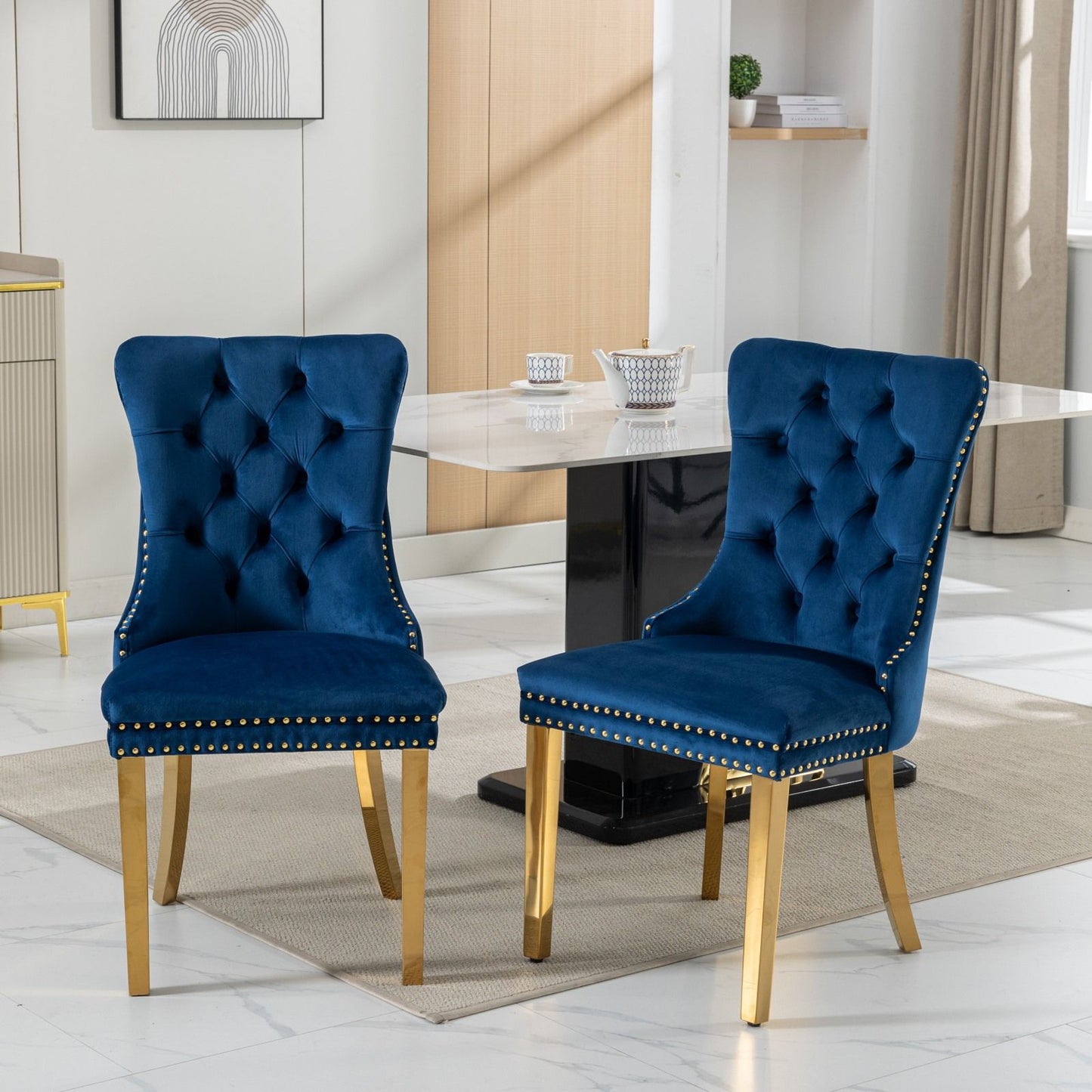 Nikki - Modern, High-End Tufted Solid Wood Contemporary Velvet Upholstered Dining Chair With Golden Stainless Steel Plating Legs, Nailhead Trim (Set of 2) - Blue / Gold