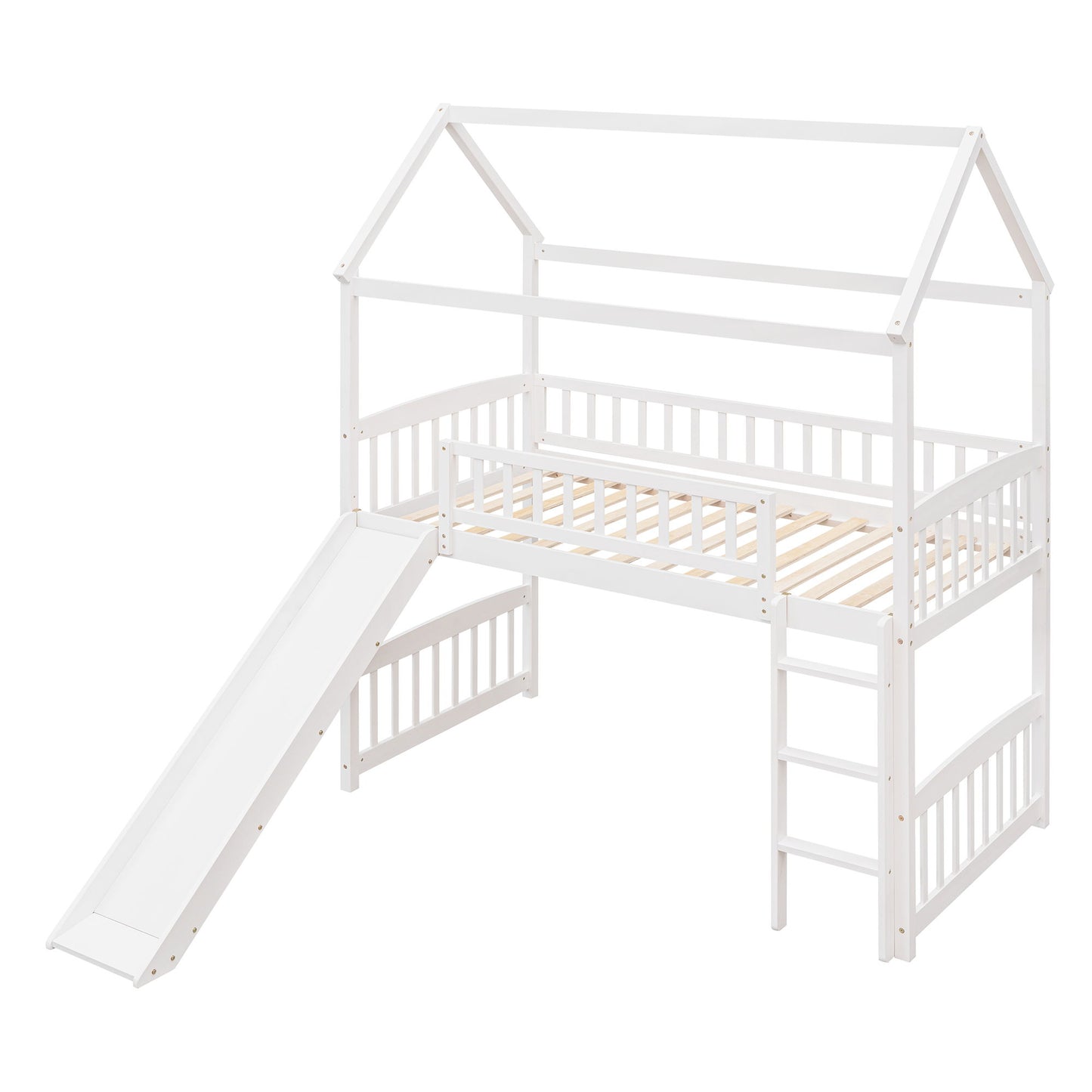 Twin House Loft Bed With Slide - White