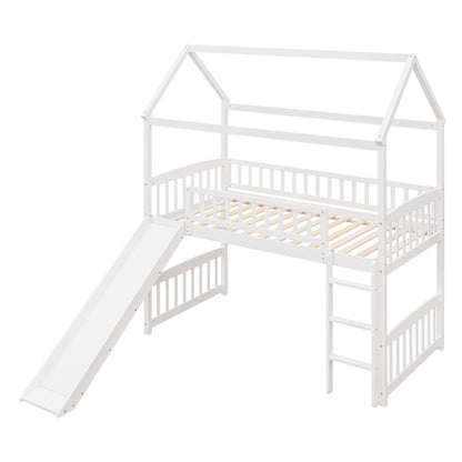 Twin House Loft Bed With Slide - White