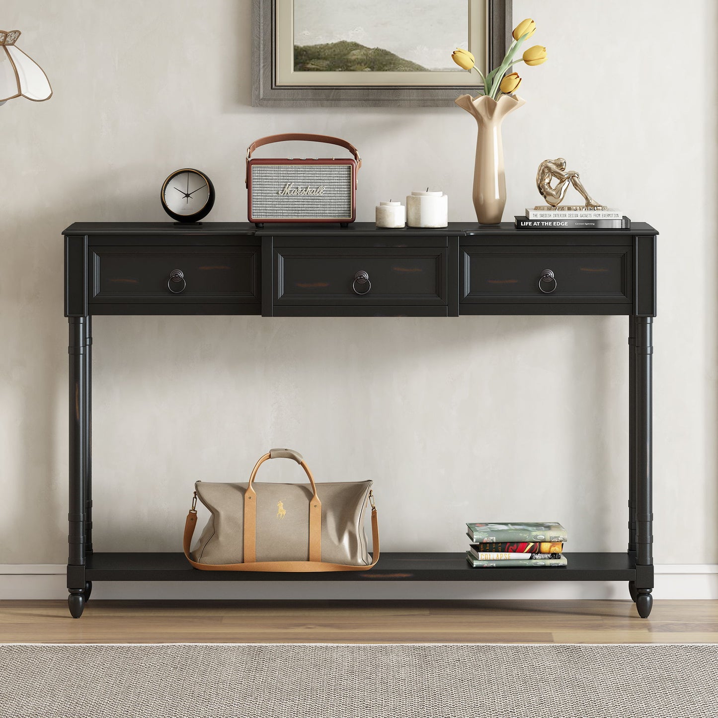 Console Table Sofa Table With Drawers For Entryway With Projecting Drawers And Long Shelf - Espresso