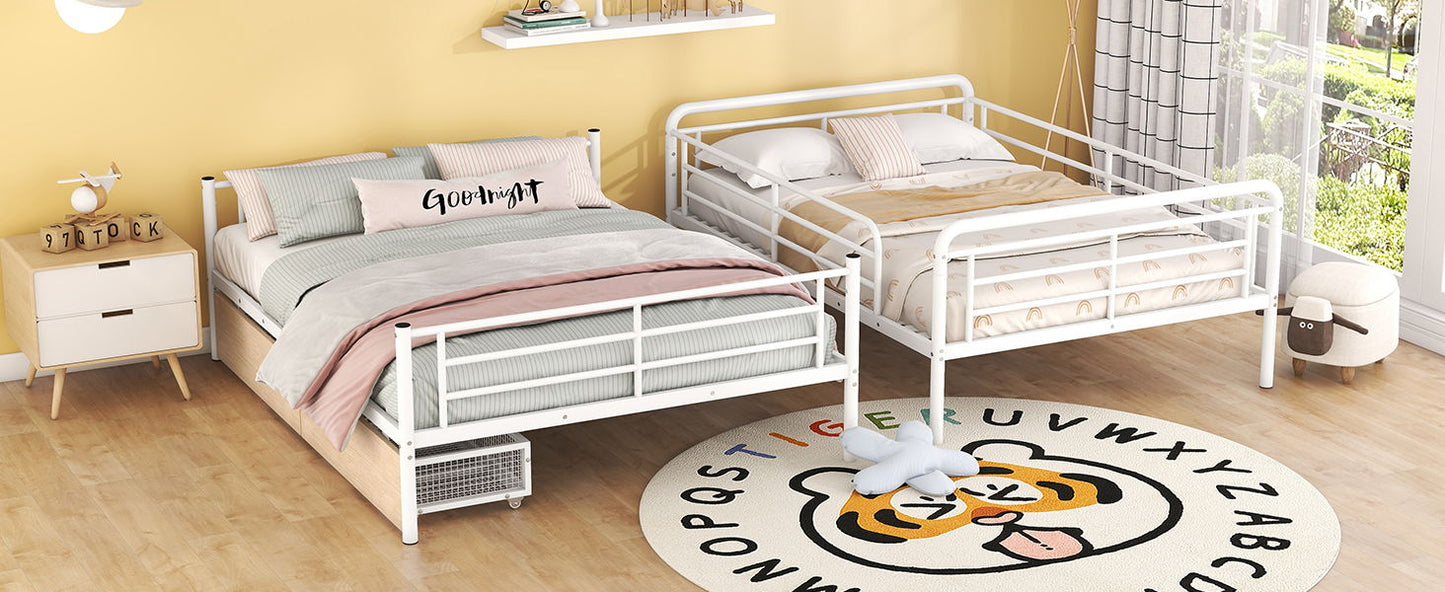 Full Long Over Queen Bunk Bed With 2 Drawers - White