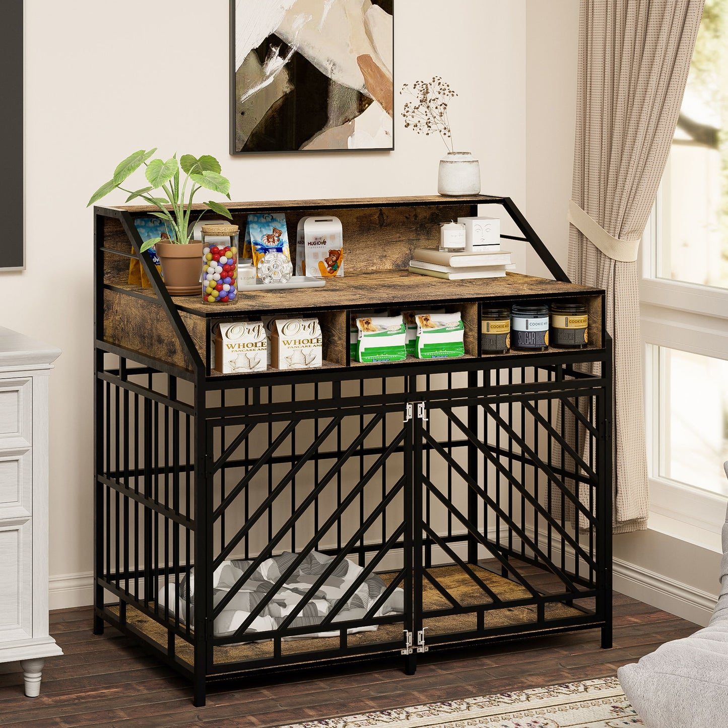 Wooden Dog Crate Furniture With Divider And Storage Drawers For Large Dogs - Rustic Brown