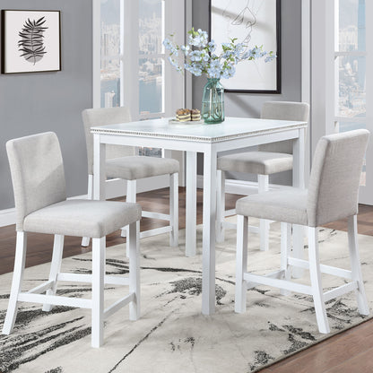 5 Piece Counter Height Table Set, Wooden Kitchen Table Set With Square Table And 4 Upholstered Chairs, Counter Height Dining Table With Crystal Decoration And Chair Set For Kitchen, Dining Room - White